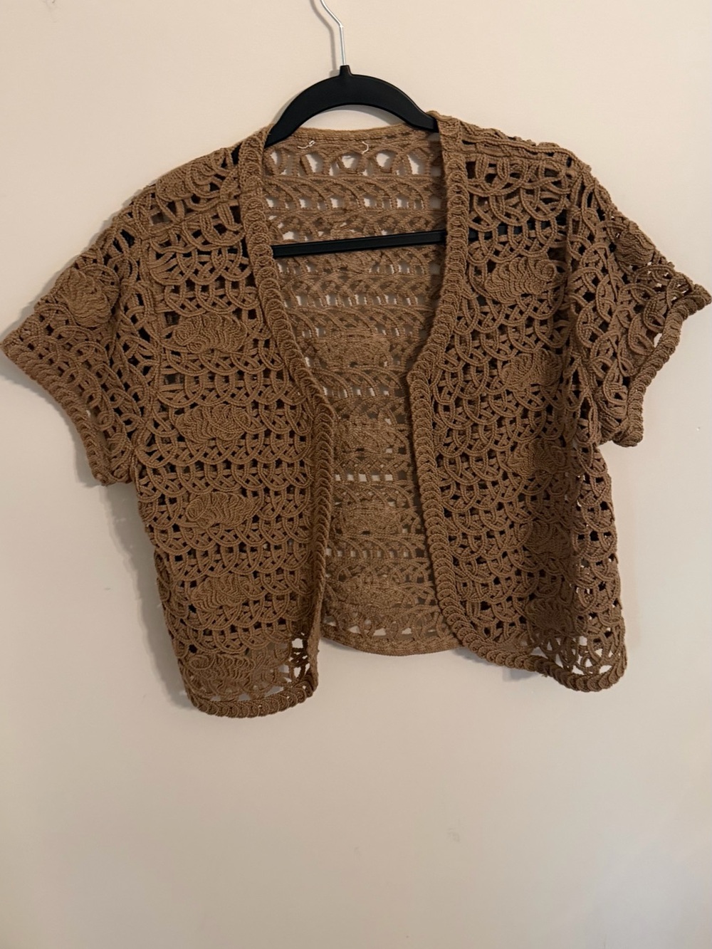 Brown Crochet Short-Sleeve Open Cardigan Sweater